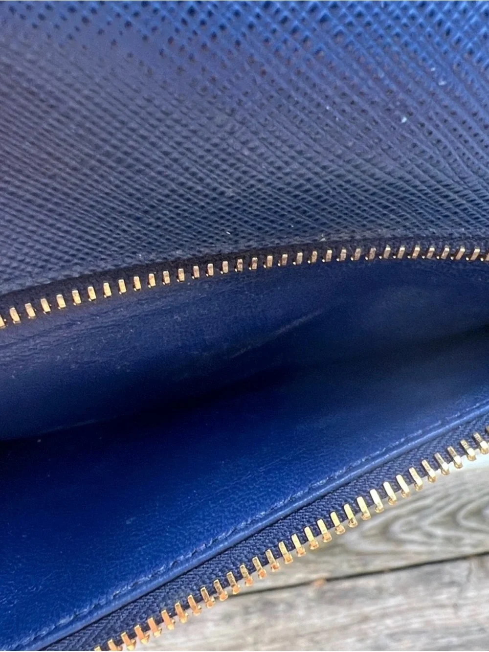 Prada Navy Saffiano Leather Continental Wallet with Gold Logo and COA